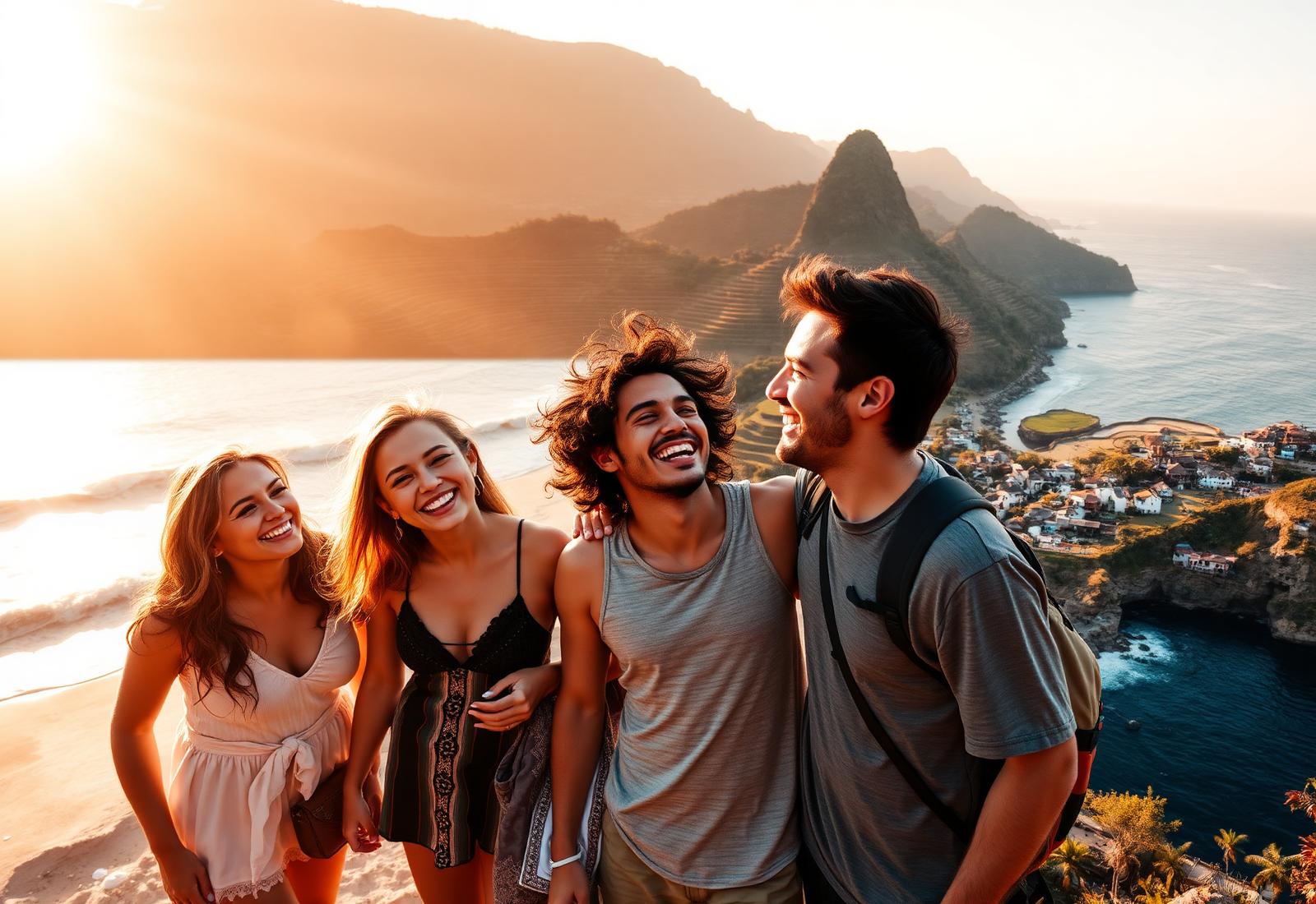 Party Passport travellers laughing together on a coastal viewpoint at sunset